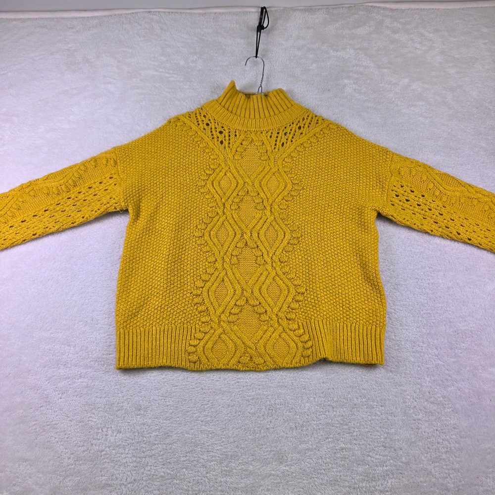 Retrod Mustard Yellow Cable Knit Mock Neck Sweater Womens XS Pointelle Bobble
